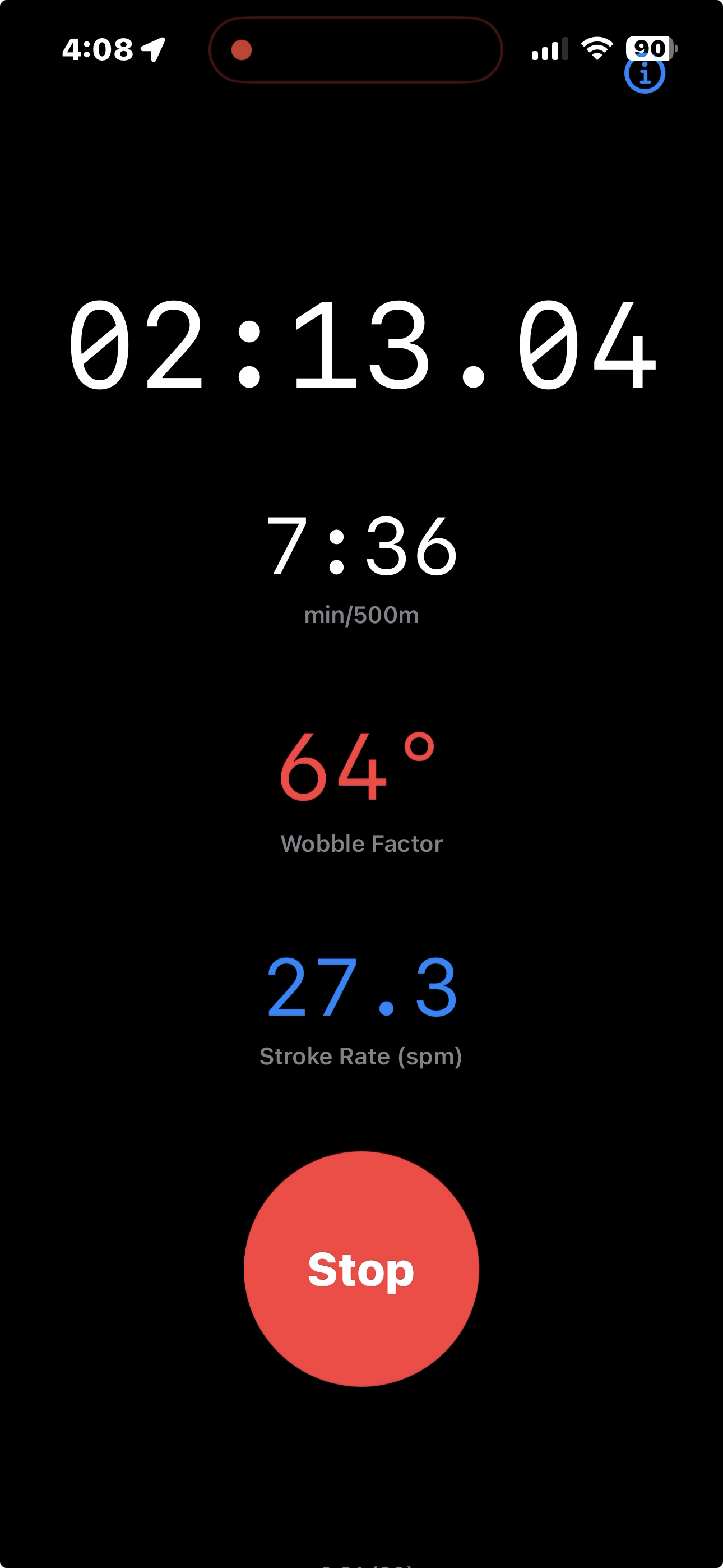Live session screen showing time, pace, Wobble Factor and stroke rate